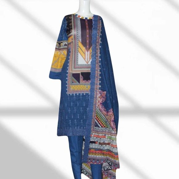 Royal Blue Block Print 3-Pcs Lawn Suit - Picture 3 of 10